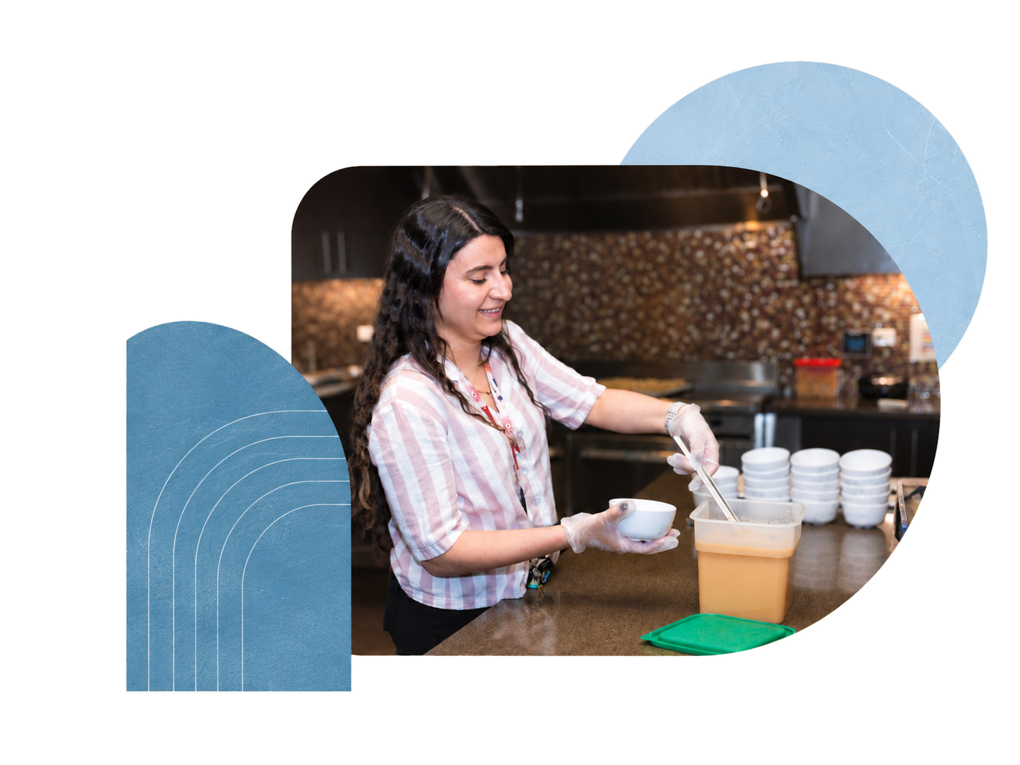 A Treasure House resident working behind a counter in a layered blue composition